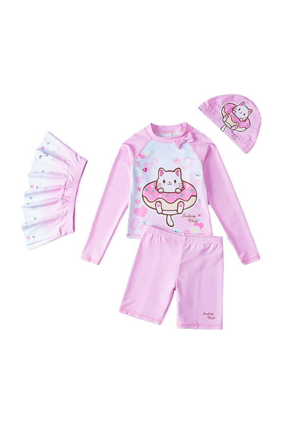 Girls Swimsuit Long Sleeve Cute Cat Print Rash Guard Ruffle Skirt 4pcs Swim Set UV Protection Bathing Suit