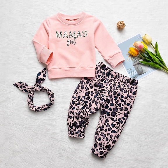 Byoo Girls Tracksuit Sets Letter Print Sweatshirt Tops Leopard Pants Headbands 3pc Sweatsuit Sets Sport Daily Outfit