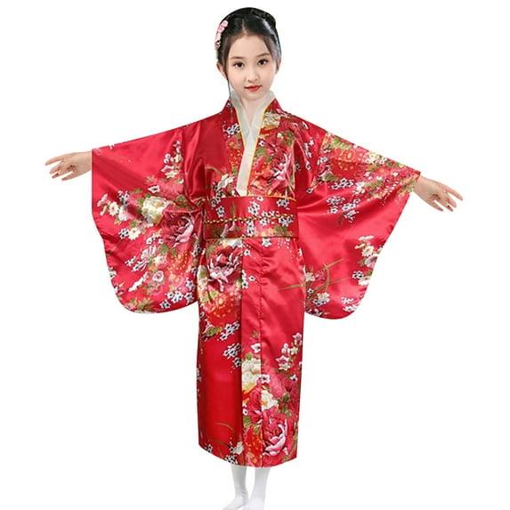 Byoo Japanese Traditional Dress Kimono Robe for Big Girls Floral Print Yukata Kimono Anime Role Playing Robe Soft Sleepwear