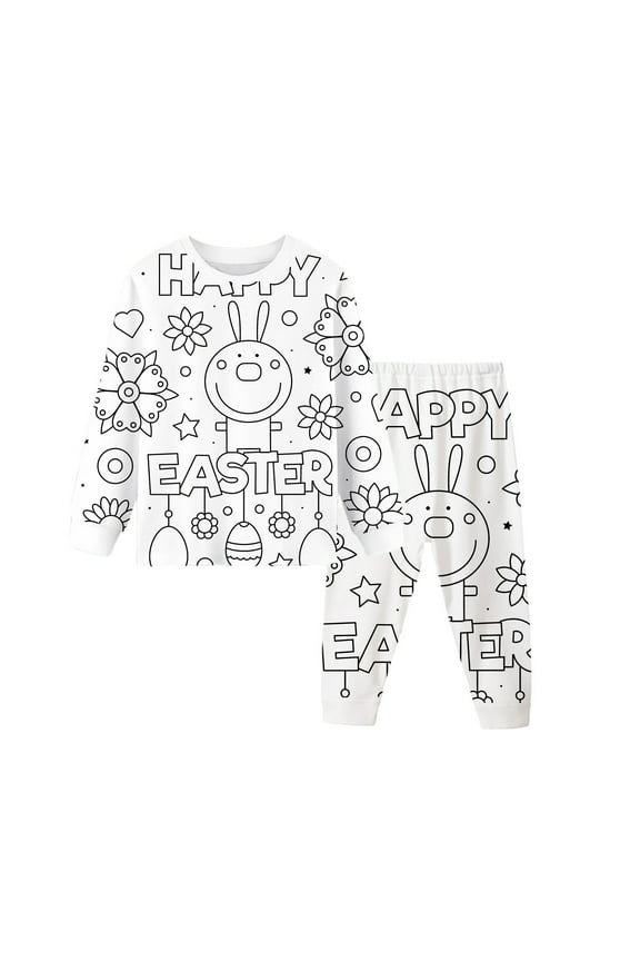 Kid DIY Hand Painted Toddler Girl Homewear Set Full Sleeve Colouring Pullover Top Pants Outfit Classic Soft Sleepwear Set, Sizes 5-6T