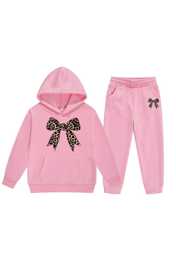 Leopard Bow Printing Sweatsuit Sets for Toddler Girls Pocket Pullover Hoody Sweatshirt Jogger Tracksuit Outfit Sport Cloth Set