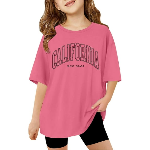 Byoo Letter Print Little Girl Shirt Short Sleeve Crew Neck Stretch Oversize Pullover Top School Soft Active Tee Shirt,Hot Pink
