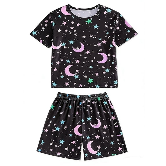 Byoo Light Sleepwear Set for Big Girl Short Sleeve Moon Star Print Crew ...