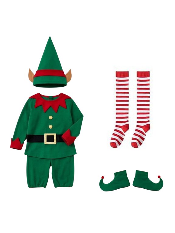 Little Boy 5 Pcs Elf Outfit Christmas Role Play Tee Pants Hat Socks Shoes Party Xmas Clothes Set, Sizes 3-14 Y