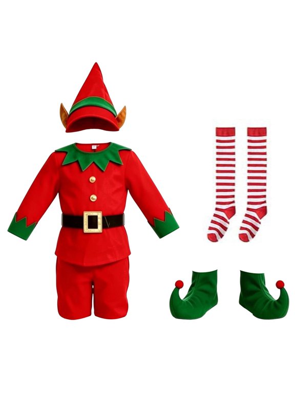 Little Boy 5 Pcs Elf Outfit Christmas Role Play Tee Pants Hat Socks Shoes Party Xmas Clothes Set, Sizes 3-14 Y