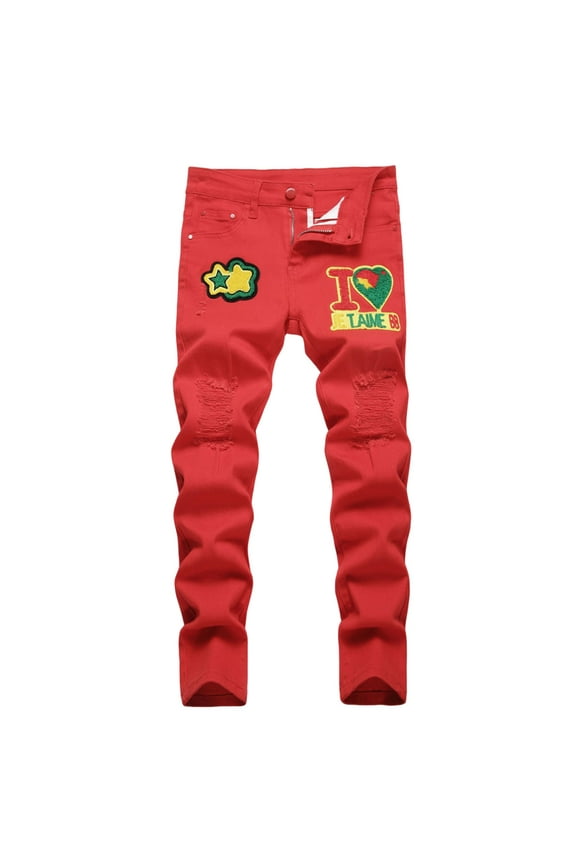 Little Boy Ripped Jeans Solid Straight Leg High Rise Pull-On Recital Denim Pants Casual Daily Trousers