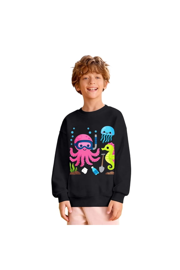 Little Boy Sweatshirt Octopus Print Long Sleeve Round Neck Pullover Shirt Active Relaxed Fit Top