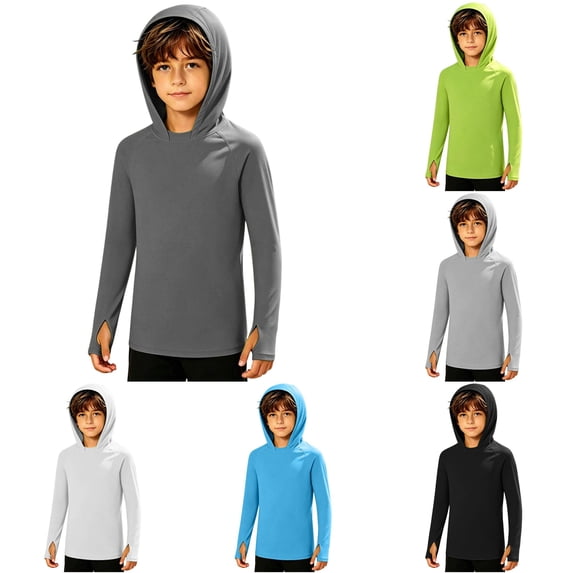 Byoo Little Boy's UPF 50+ Summer Athletic Hoodie Solid Long Sleeve Sports Hooded Sweatshirt Hiking Pullover Hoodies,Dark Gray