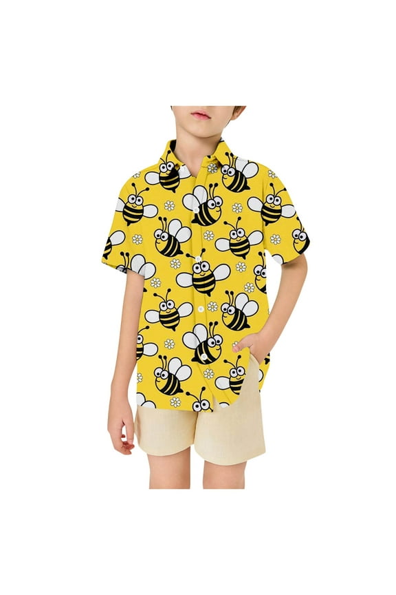 Little Boys Cute Bee Print Shirts Soft Short Sleeve Summer Button Down Shirts Cartoon Daily Casual Shirt Tops