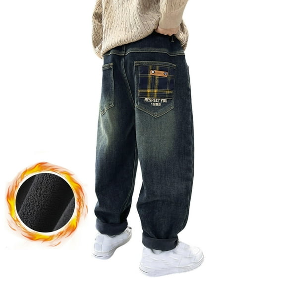 Byoo Little Boys' Denim Pants Thickened Vintage Elastic Smocked Waist Wide Straight Leg Jeans Streetwear Basic Pants