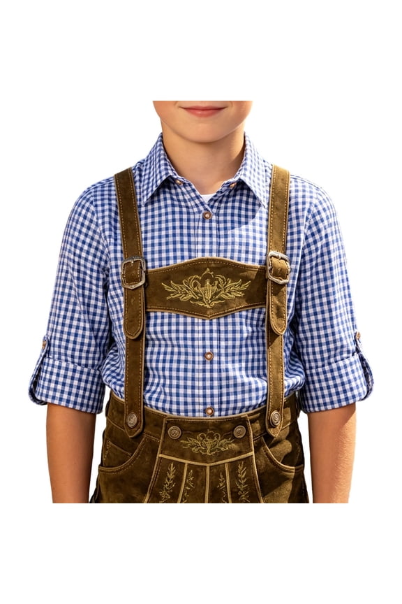 Little Boys Gingham Button Up Shirt Roll Sleeve Lapel Collar Long Sleeve Bavarian Top Oktoberfest Button Down Shirt