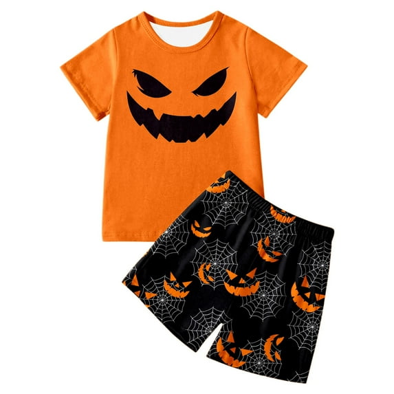 Byoo Little Boys Halloween Pumpkin Outfits Short Sleeve Graphic Tee Shorts Set for Kids