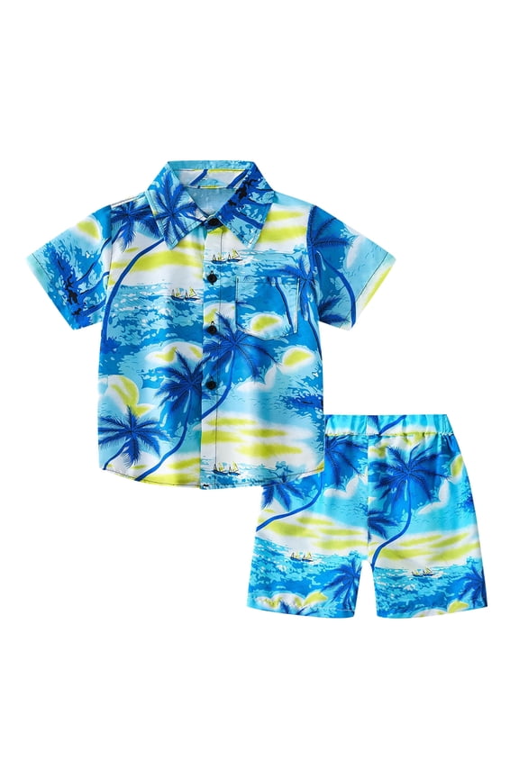 Little Boys' Lemon Print 2 Piece Outfit Button Down Shirt Shorts Summer Casual Beach Set，Blue