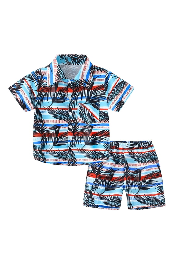 Little Boys' Lemon Print 2 Piece Outfit Button Down Shirt Shorts Summer Casual Beach Set，Light Blue