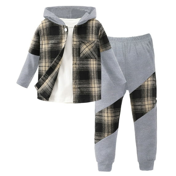 Byoo Little Boys Outfits Long Sleeve Plaid Hooded Shirt Sweatpants 2Pcs Fall Clothes Set