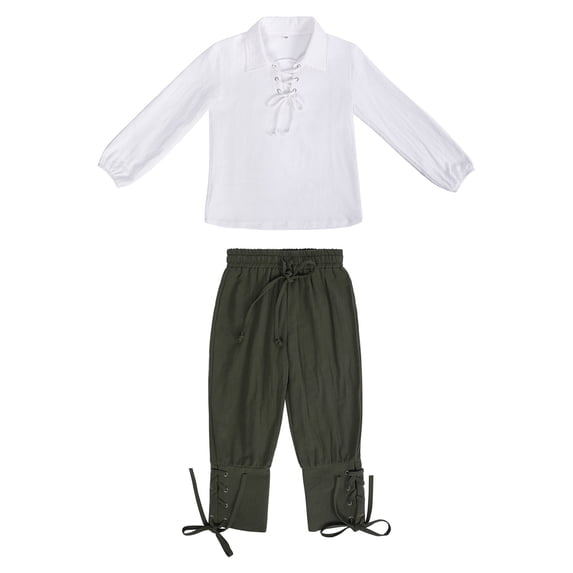 Byoo Little Boys' Renaissance Pirate Outfit Set Solid Color Long Sleeve Lace-Up Shirt and Trousers Clothes Set,Green