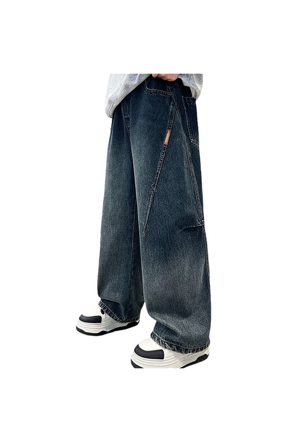 Little Boys Ripped Denim Pants Classic Loose Fit Wide Leg Straight Leg Trousers for Kids Soft Comfortable Jeans Pants