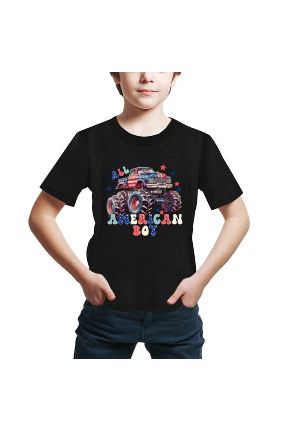 Little Boys Short Sleeved T Shirt Independence Day Truck Print Crew Neck Children's Tee Classic T-Shirt ，6-7 T