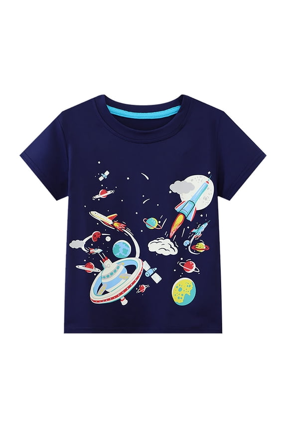 Little Boys Space Graphic T Shirt Short Sleeve Round Neck Rocket Planet Print T-Shirt Breathable School Crew Neck Top