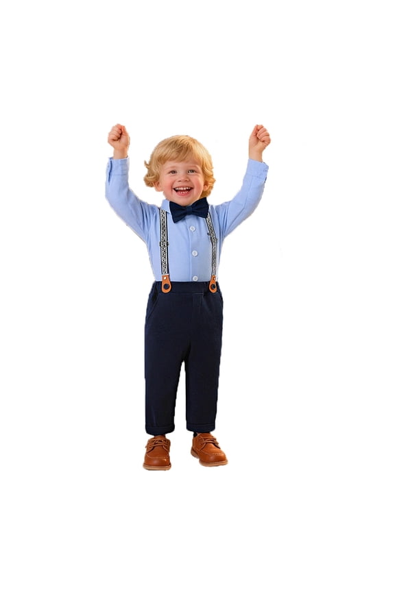 Little Boys Suit Set Formal Bow Tie Solid Button Down Shirt Overalls Cloth Set Children 2 Piece Weeding Comfy Outfit