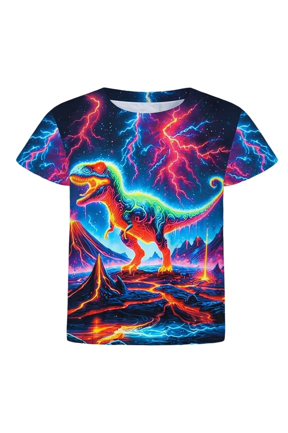 Little Boys' Summer Dinosaur Graphic Tee Shirt Volcano Lava Lightning Cool Casual Short Sleeve Tops