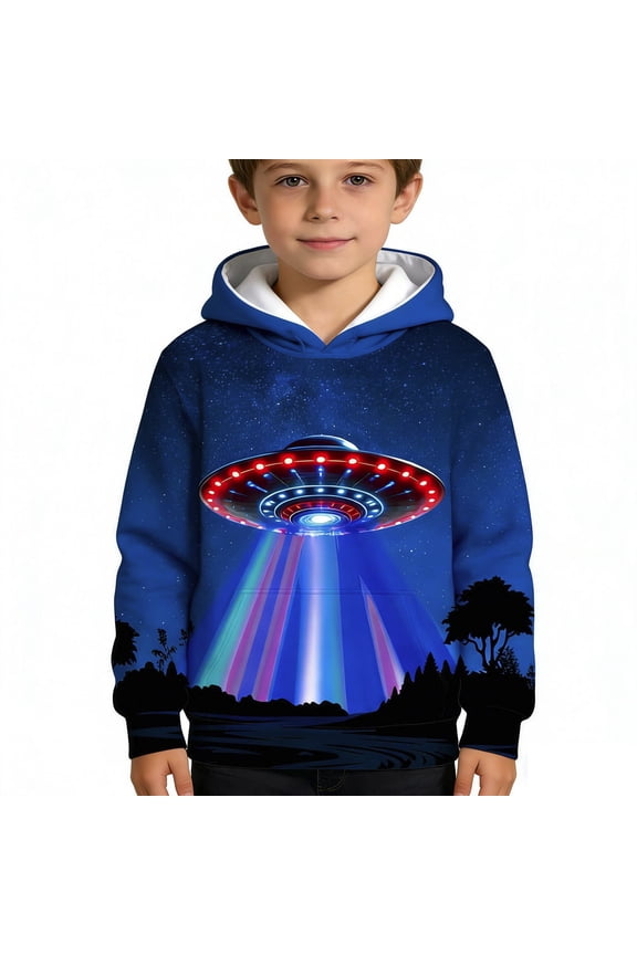 Little Boys UFO Alien Graphic Hoodie Casual Funny Long Sleeve Pullover Hooded Sweatshirt Comfortable Soft Sweatshirt