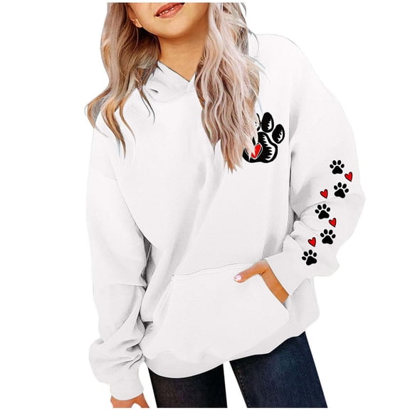 Byoo Little Girl Hoodie Paw Print Oversized Full Sleeved Hoody Sweatshirt Outdoor with Pocket Relaxed Fit Kids Top