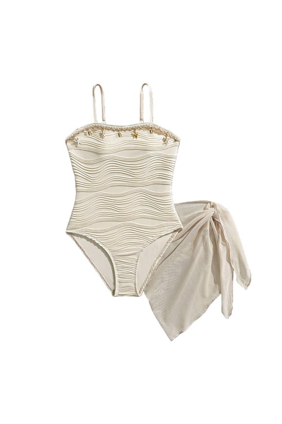 Little Girl Textured Swimsuit One Piece with Sheer Wrap Skirt Pool Beach Bathing Suit,Beige