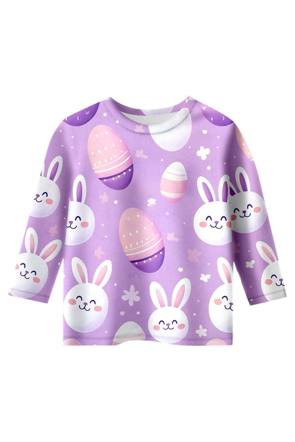 Little Girl's 3/4 Sleeve Tee T-Shirts Cartoon Cute Funny Easter Rabbit Bunny Egg Printed Pullover Top Soft Daily Kids T-Shirts, Sizes6-7Y