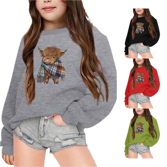 Byoo Little Girl's Animal Crewneck Sweatshirt Long Sleeve Plaid Scarf Highland Cow Print Pullover Outdoor Casual Top,Grey