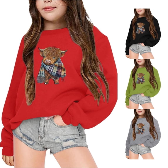 Byoo Little Girl's Animal Crewneck Sweatshirt Long Sleeve Plaid Scarf Highland Cow Print Pullover Outdoor Casual Top,Red
