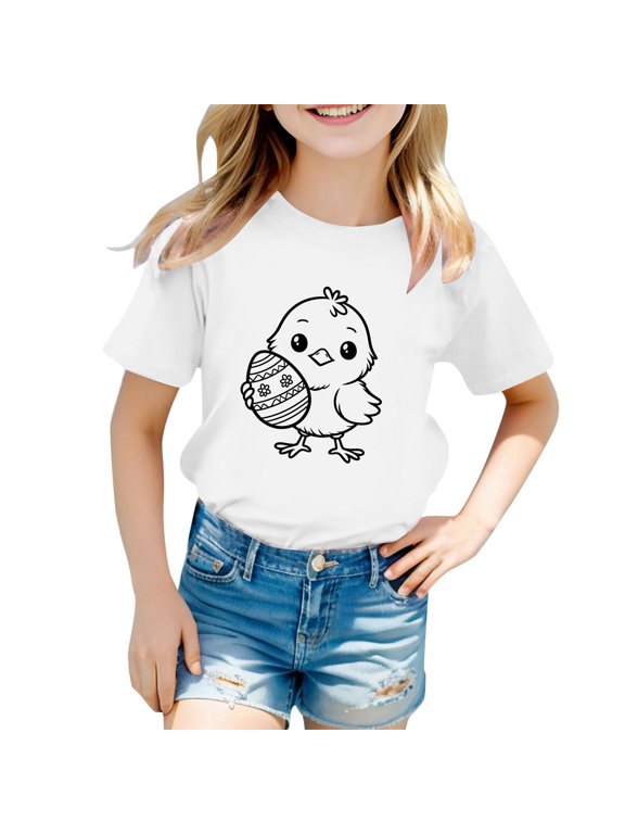 Little Girl's Colouring Tee Shirt Funny Easter Chicken Egg Graphic Short Sleeve DIY T-Shirt Kids Soft Breathable Shirts, 6-7 Years