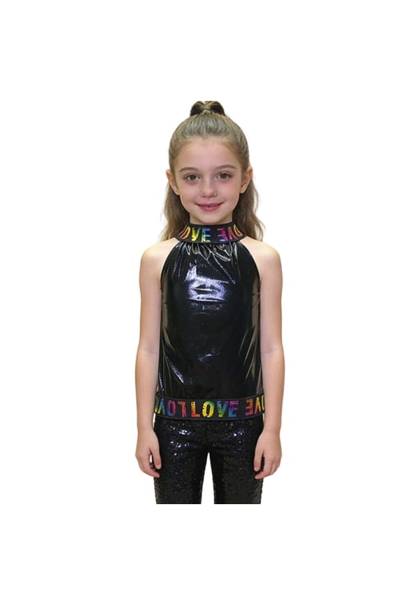Little Girl's Metallic Halter Neck Tank Top Sleeveless Rainbow Letter Print Trim Top Shiny Comfy Party Tunic Shirt