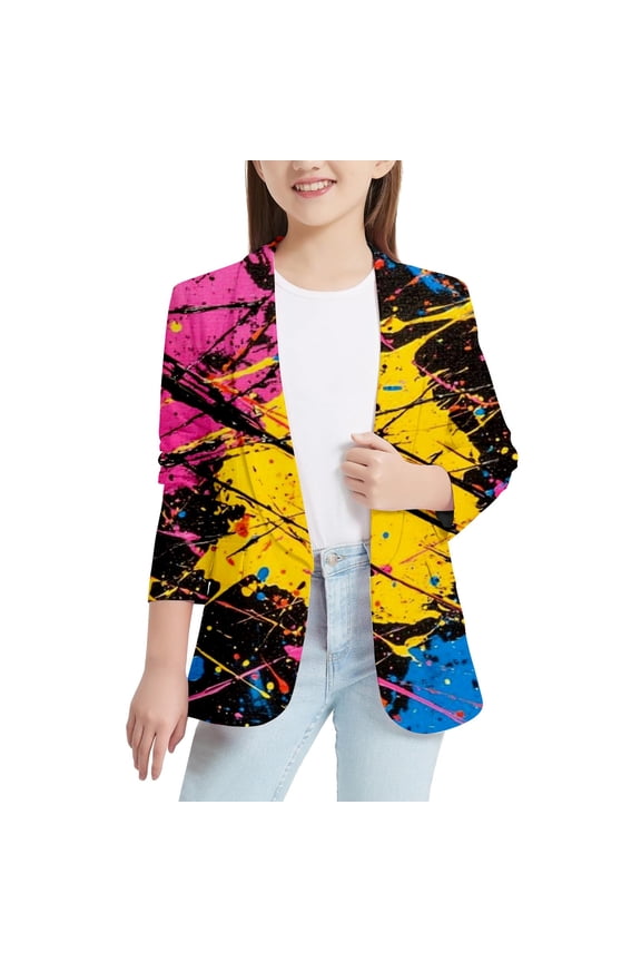 Little Girls Bold Neon Splatter Blazers Jackets Edgy Lightweight Open Front Long Sleeve Spring Blazer Coat Outerwears Streetwear Daily Blazer Tops