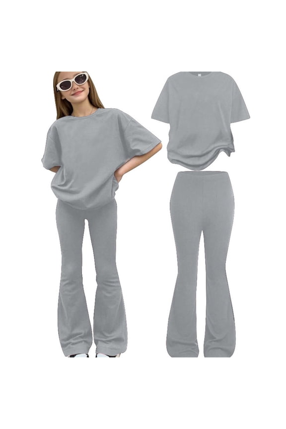 Little Girls Character Clothing Solid Clor Short Sleeve Top And Bell Bottoms Pants 2pc Sets Girls Outfit Summer Clothes