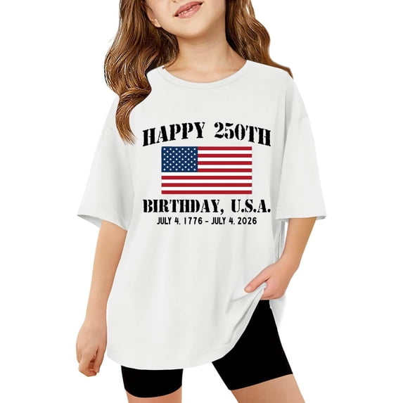 Byoo Little Girls Classic T Shirt 4th of July US Flag Print Short Sleeve Crewneck Oversized Top Tee Shirt