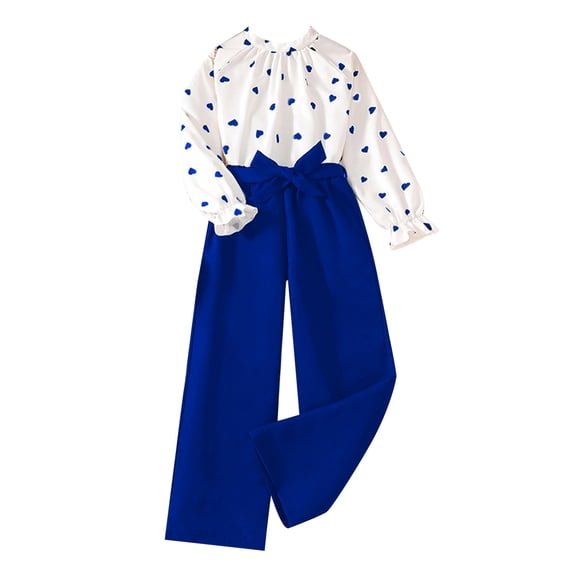 Byoo Little Girls Clothes Set Two Piece Heart Print Long Sleeve Top And Wide Leg Pants Set With Bow Waistband
