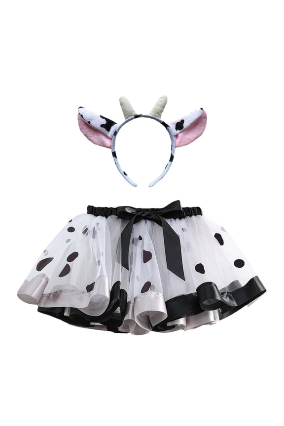 Little Girls' Cow Print Tutu Skirt Set Matching Headband Ruffle Trim Holiday Birthday Party mini Skirt