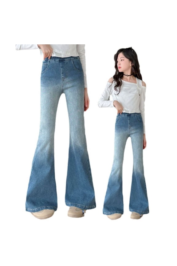 Little Girls Denim Jeans High Rise Elastic Smocked Waist Base Bootcut Flared Pants Vintage Durable Trousers for Kids