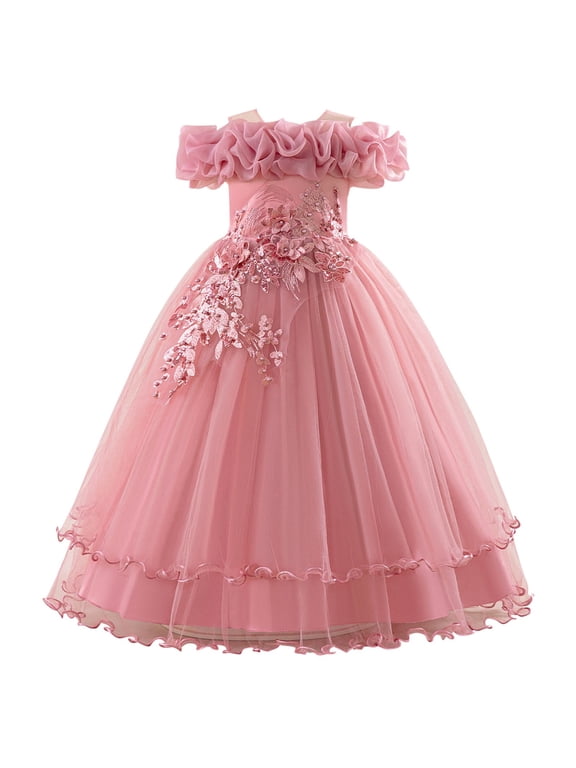 Little Girls Dresses Off Shoulder Solid Color A-Line Puffy Wedding Party Tutu Dress Elegant Comfy Maxi Dress Pink