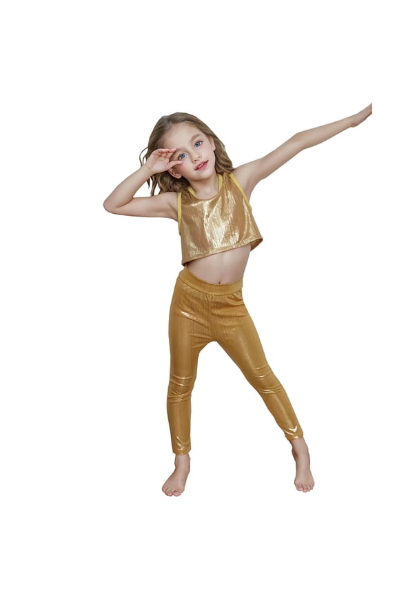 Little Girls Glitter Metallic Leggings Stretchy Solid Straight Leg Tights Trousers Dance Capris Pants for Kids