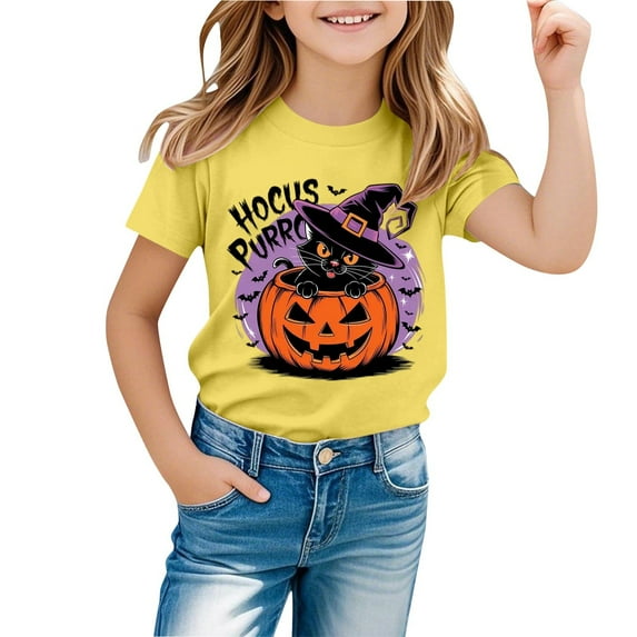 Byoo Little Girls Graphic Tee Shirt Cat Pumpkin Print Short Sleeve Cute T Shirt for Kids Relaxed Fit Holiday Top,Yellow