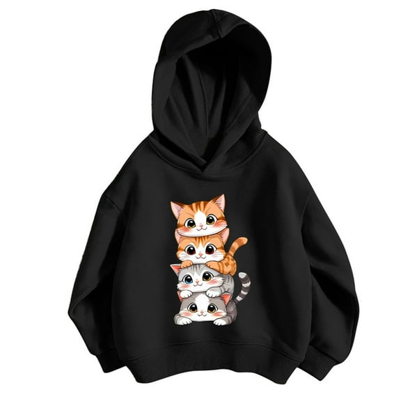 Byoo Little Girls Hoodie Cute Cartoon Cat Print Hooded Sweatshirt Casual Pullover Sweater
