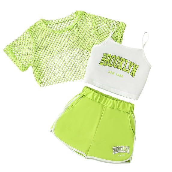 Byoo Little Girls Letter Print Outfit Set Short Sleeve Mesh Cropped Camisole Dolphin Shorts Cloth Set Sporty Comfortable Tracksuit