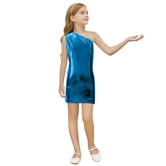 Byoo Little Girls Metallic Shiny Mini Dress Mardi Gras One-Shoulder Solid Color Party Wrap Dress Active Comfort Dresses