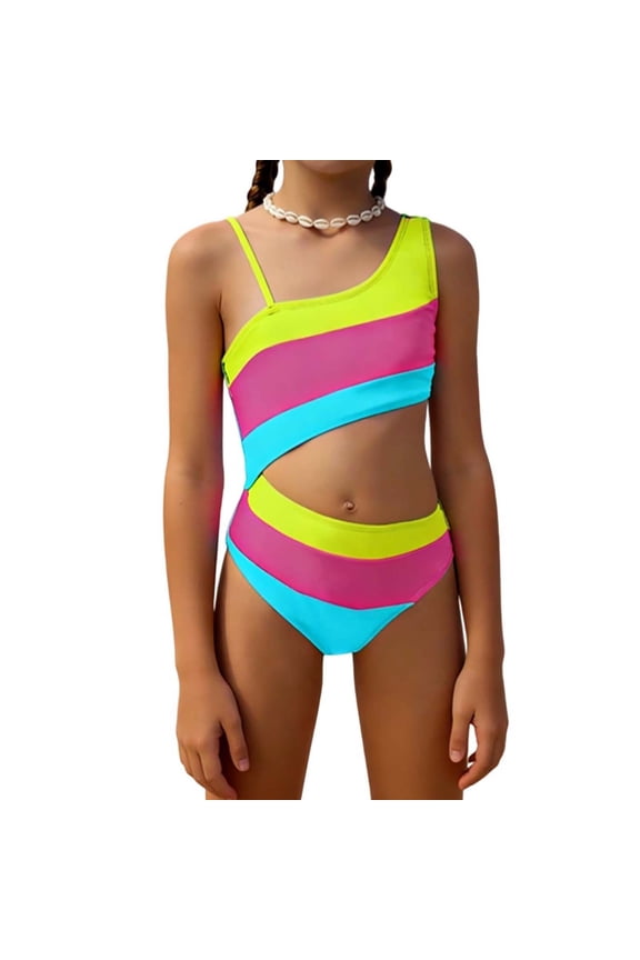 Little Girls' Neon Color Block One Shoulder Two Piece Swimsuit Swimwear For Beach Pool,Blue
