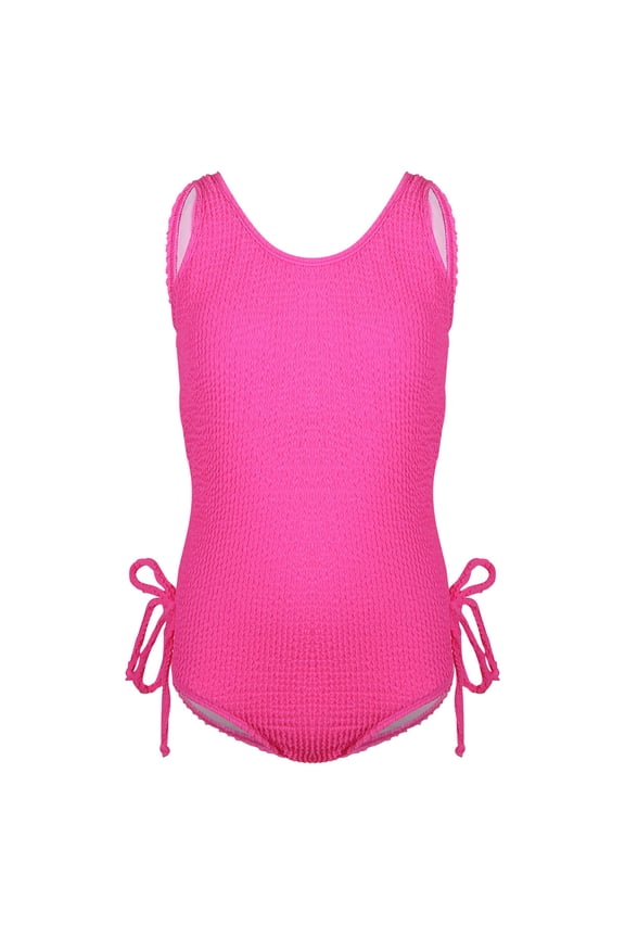 Little Girls Neon Crinkle One Piece Swimsuit UPF 50+ Sun Protection Beach Pool Side Tie Ruched Bathing Suits,Red