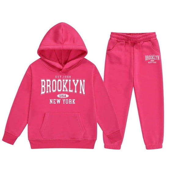 Byoo Little Girls Outfits Set Letter Graphic Pullover Hooded Pocket Sweatshirt Sweatpants Tracksuit Sets Daily Sweatsuit Set