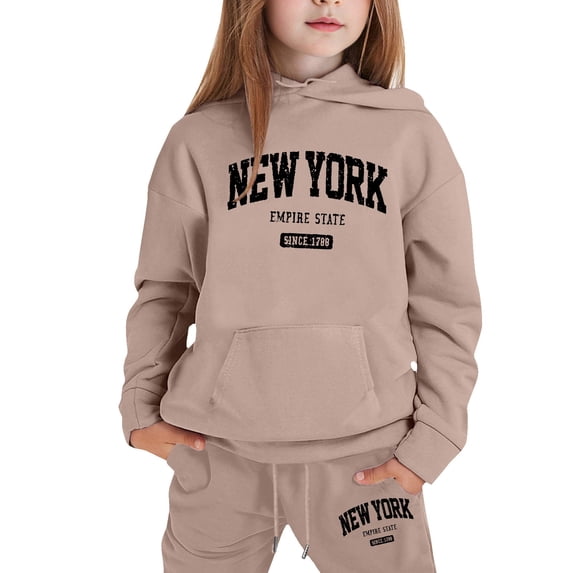 Byoo Little Girls Outfits Set New York Letter Print Hooded Sweatshirt Jogger Stylish Sweatsuit Set Relaxed Fit Kids Clothing Set