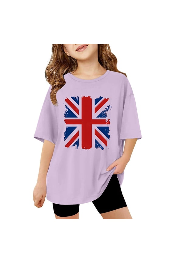 Little Girls Oversized Short Sleeve T-Shirt Vintage Union Jack Print Casual Beige Tee,Light Purple